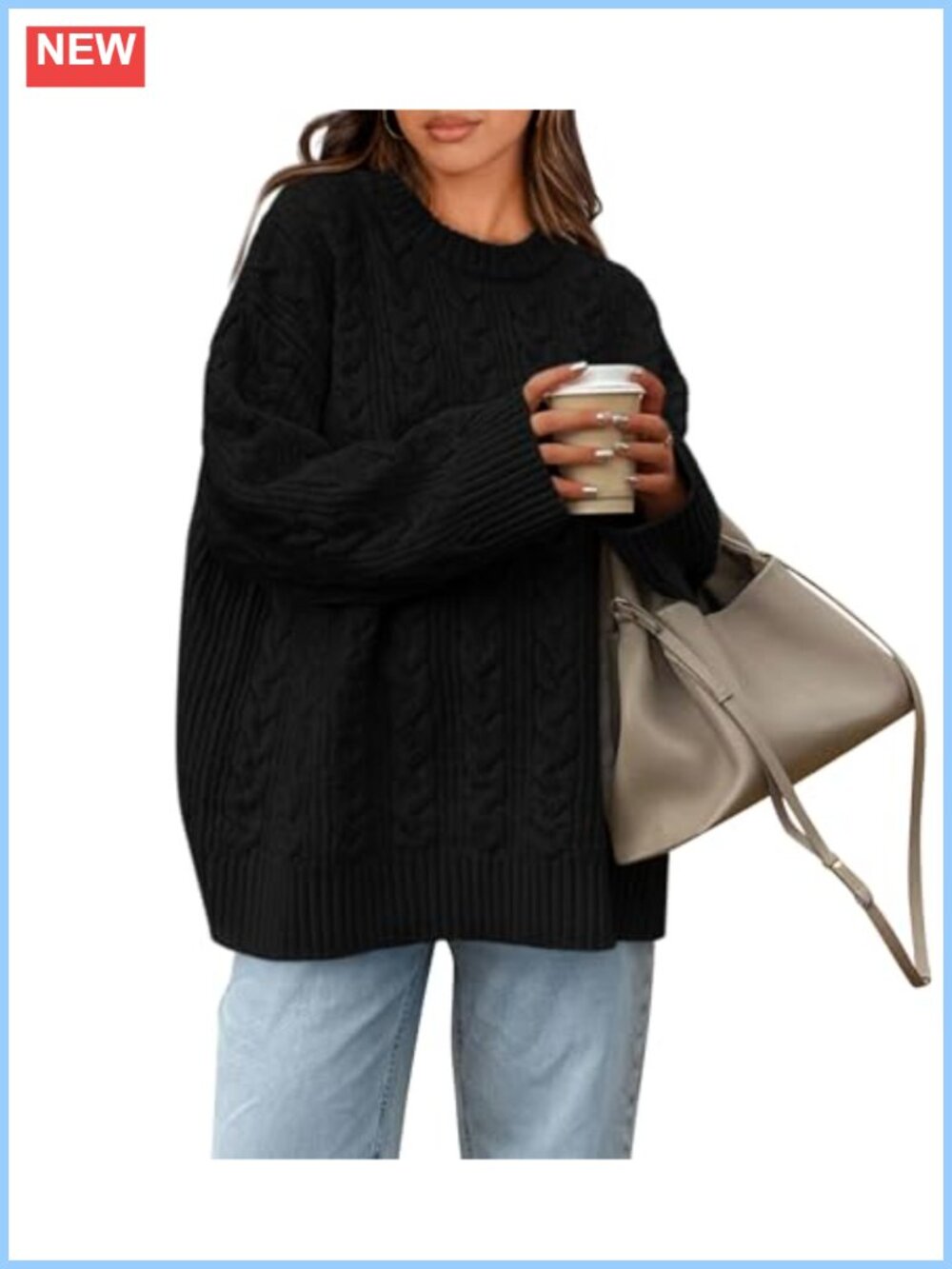Womens Oversized Cable Knit Crewneck Sweater Chunky Pullover